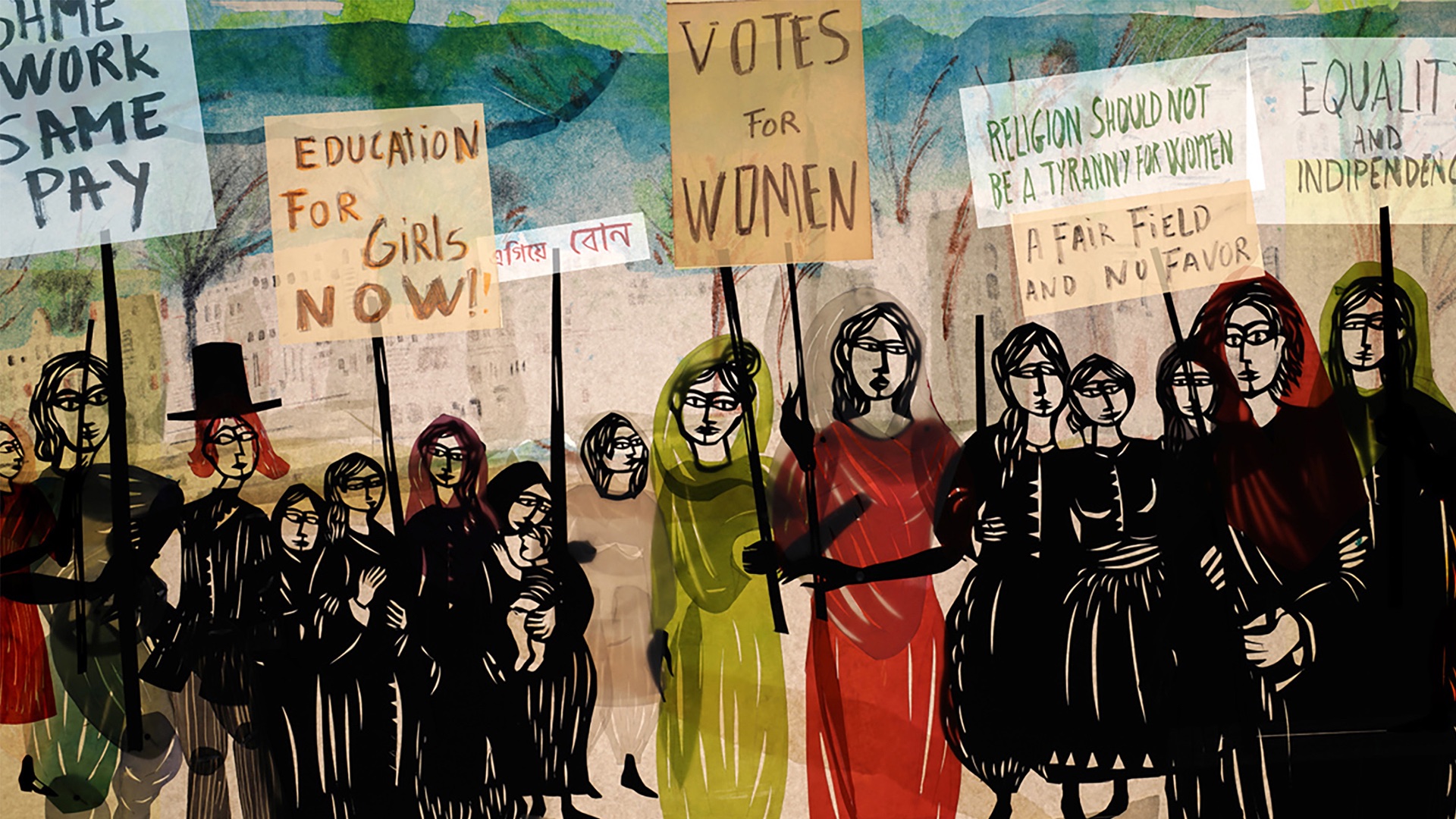 animovaný obrázek protestujících žen s transparenty